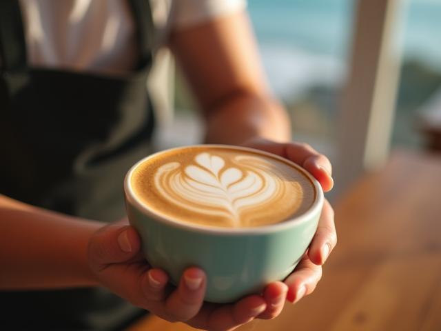 Barista demonstrating latte art training with creamy coffee foam in a coastal café setting